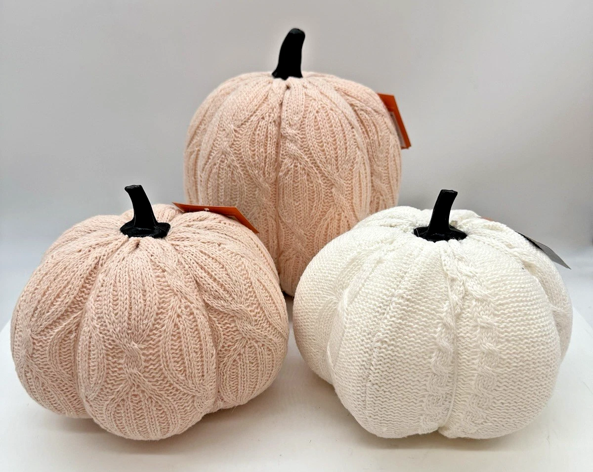 Lot of 3 Hyde and Eek! Knitted Yarn Pumpkins Peach White Halloween NEW