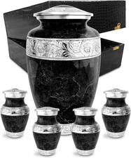 Large Cremation Black Marble Urn for Ashes, Set of 5, 1 Lrg & 4 Sm, w/Case