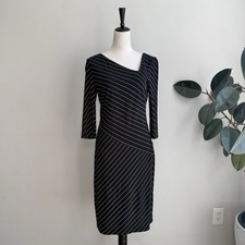 David Meister Black Asymmetrical Neck Midi Dress Striped 3/4 Sleeve Career