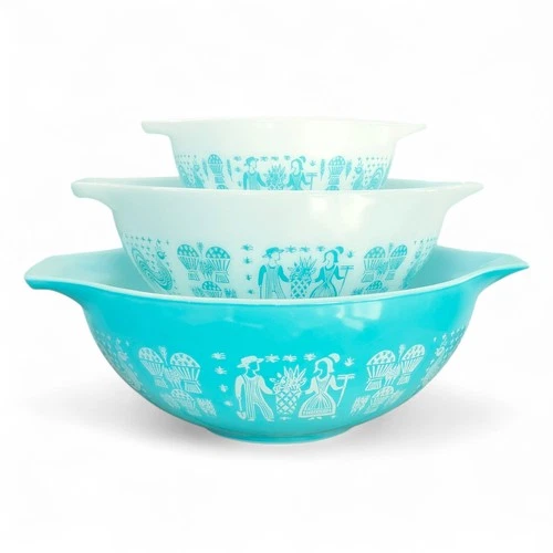 VTG Pyrex Turquoise Amish Butterprint Cinderella Nesting Bowl Set 441 443 444