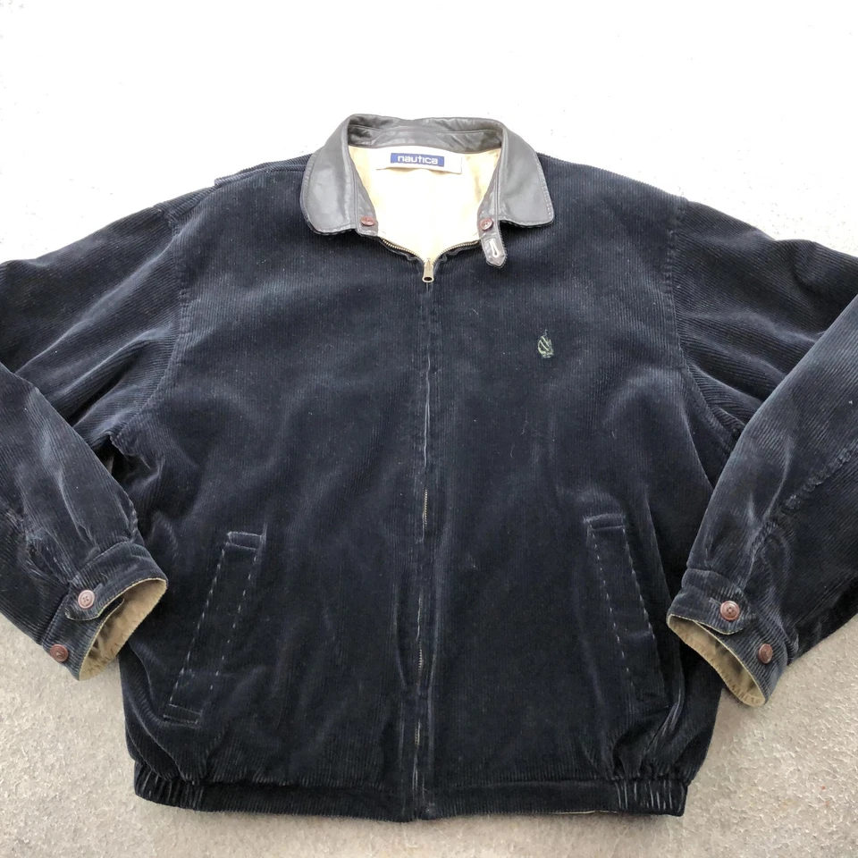 Jaqueta Náutica Masculina Vintage XL Azul Marinho Bronzeado Veludo Reversível Zíper Completo Bombardeiro Anos 90 - Imagem 2 de 4