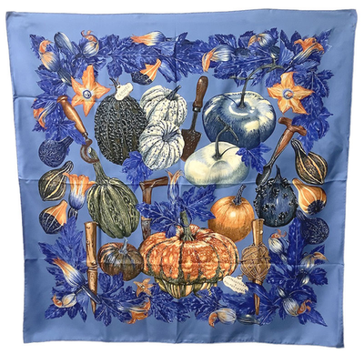 Hermès Carre 90 Silk Scarf CITROUILLES COLOQUINTES Blue Multicolor