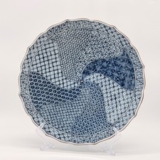 Japanese 12" Porcelain Plate Blue & White Shonzui Pattern Floral Rim Brown Trim