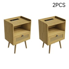 Set of 2 Bedside Tables Storage Cupboard Cabinet Side Table with Rattan Drawer