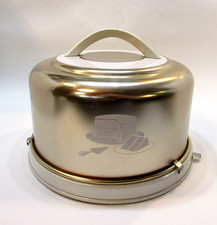 Old 1950's Mirro Goldtone Aluminum Cake Saver Carrier w Wood Handle Locking Base