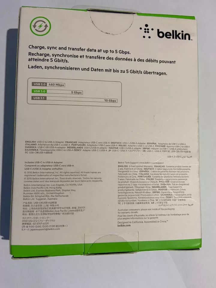 Belkin USB-C to USB-A Adapter F2CU036btBLK USB 3.0 5 Gbps 14cms Cable Brand New - Image 2 of 2