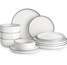 Malacasa 12 Piece Porcelain Dinnerware Set Luna Ivory White-Black Rim BRAND NEW