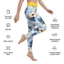 Blue and Yellow Watercolor Flower Yoga Leggings with pocket