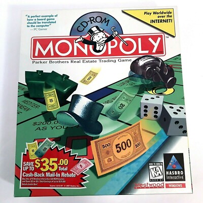 Monopoly Windows Computer Software Board Game CD-ROM PC 1995 Big Box Hasbro NEW
