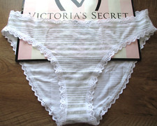 VICTORIA'S SECRET Cotton Bikini Panty M XL Lace Trim NWT Gray White Stripe VS