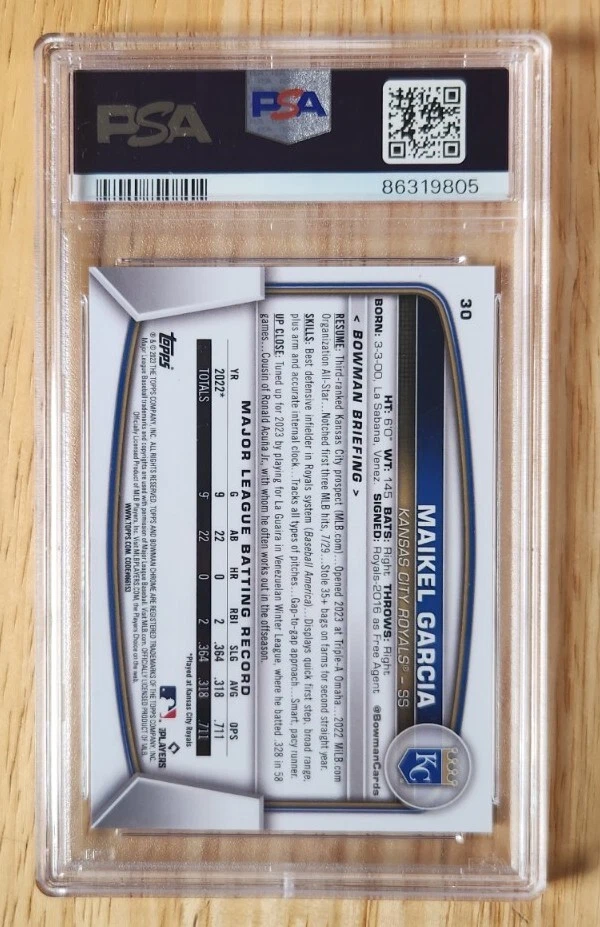 Maikel Garcia 2023 Bowman Chrome Sapphire #30 Red /5 Royals RC PSA 10 Pop. 1 - Image 2 of 2