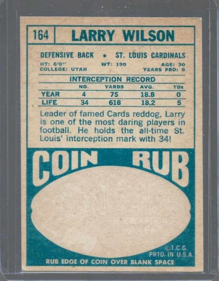 Larry Wilson 1968 Topps Football Card #164-St. Louis Cardinals - Image 2 of 2