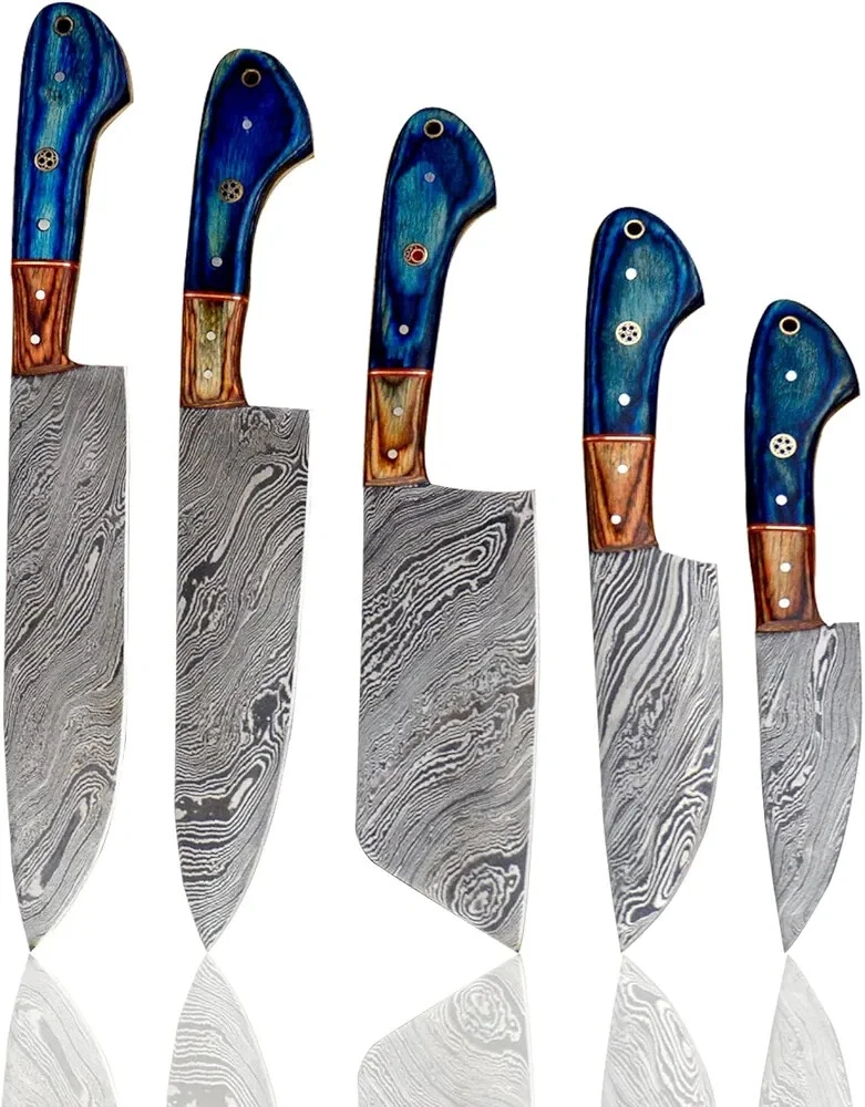 CUSTOM HANDMADE 5PCS DAMASCUS STEEL KITCHEN CHEF KNIFE SET WITH PAKAWOOD HANDLE