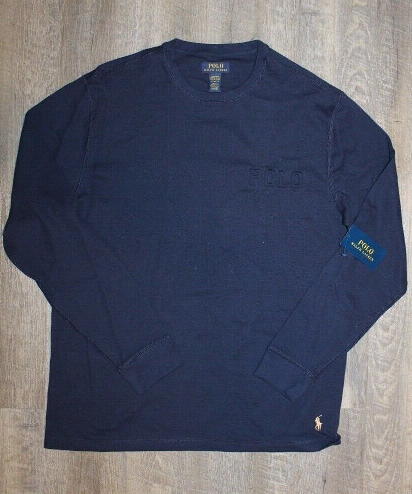 Polo Ralph Lauren uomo waffle pony goffrato LS felpa maglietta blu navy nuova con etichette