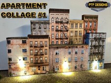 N Scale Scratch Built UP 3D Collage - 8 Apartment Building Flats 1 LED Backdrop