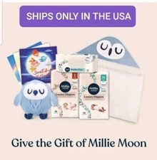NEW Millie Moon GIFT BOX All Natural Disposable Diapers WIPES Owl Plush & Towel 