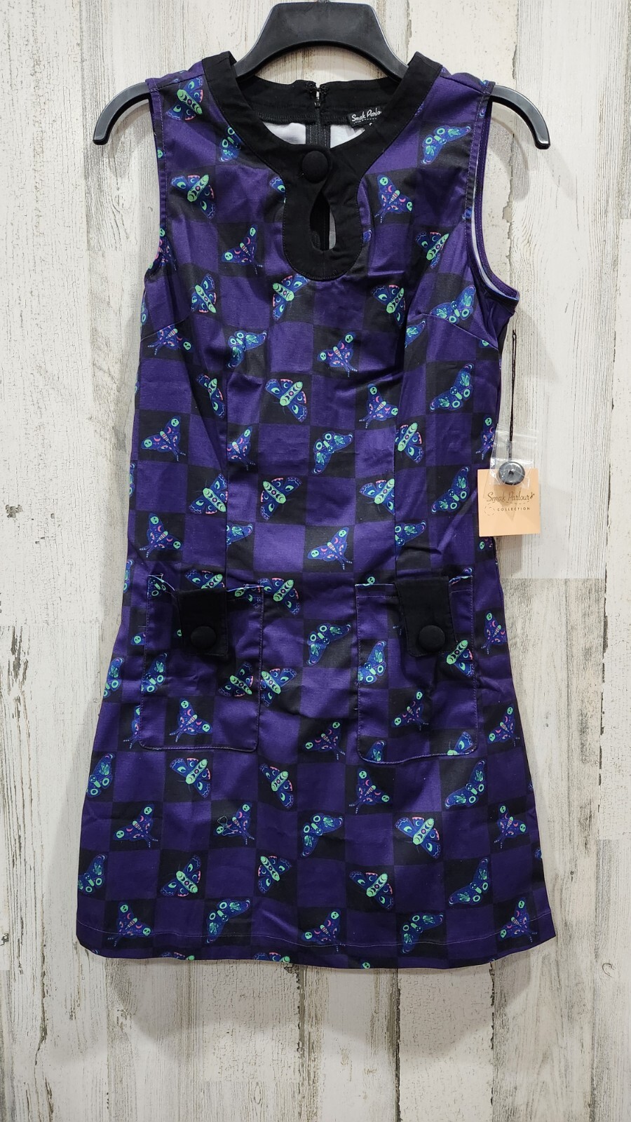 SMAK PARLOUR Death Head Moth 1960's Shift Dress Purple & Black Size SMALL**NWT**
