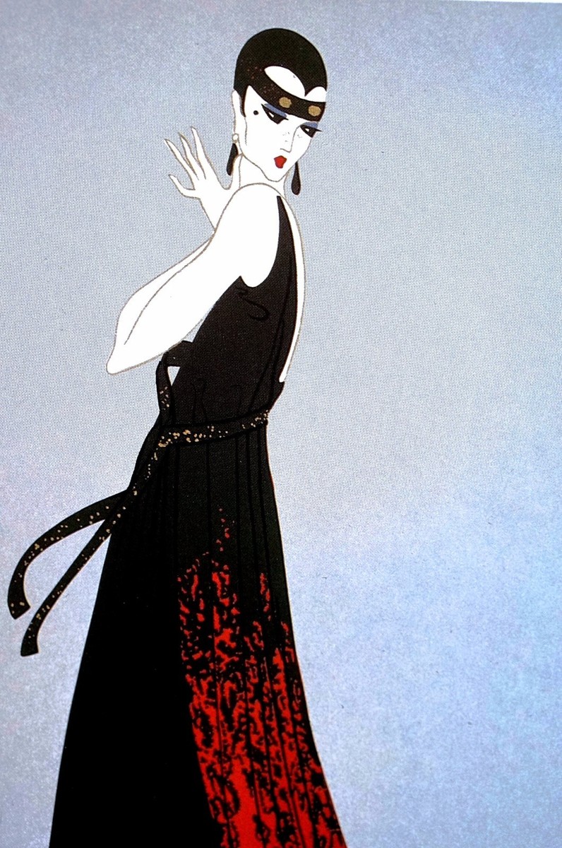 Erte 1982 Matted Print - SPLENDOR Red Dress w Black Lace and Fur