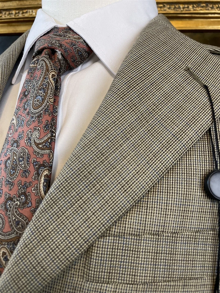 Blazer Andrew Fezza 36R Lana Worsted Beige Azul Marrón Micro Estampado 3Btn Nuevo con Etiquetas Foto 3 de 4