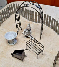 Small Garden Gnome Set Gnome, Wheelbarrow, Arbor, Bench, Fence, Bird Bath