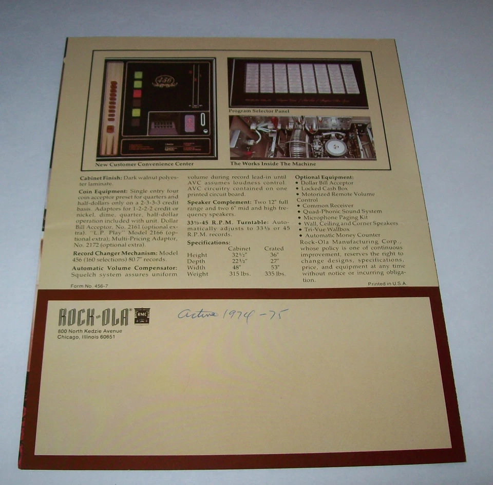 ROCK OLA MODEL 456 CONSOLE ORIGINAL JUKEBOX  SALES FLYER BROCHURE 1975 - Image 3 of 3