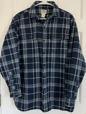 L.L. Bean NAVY PLAID Heavy Flannel Button Front Shirt Men's  L Reg