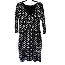 Ann Taylor Black White Print 3/4 Sleeve Knee Length Dress - Medium