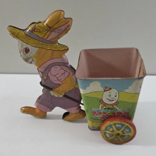 Vintage J. Chein Tin Rabbit Pulling Cart Humpty Dumpty USA 7.5" x 7.75" x 4"