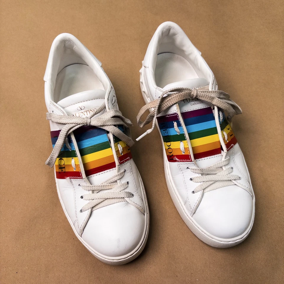 Valentino Garavani Rainbow Men's Size 37.5 7 Rockstud Sneakers Peace Love White - Image 2 of 4