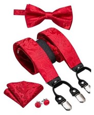 Suspender and Bow Tie for Men Paisley Solid Mens Suit Braces Pretied A Red