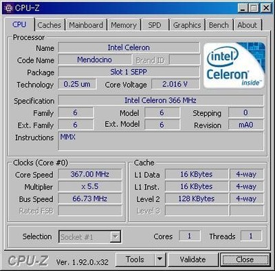 INTEL Celeron 366 MHz Slot1 Mendocino Used Good (2)