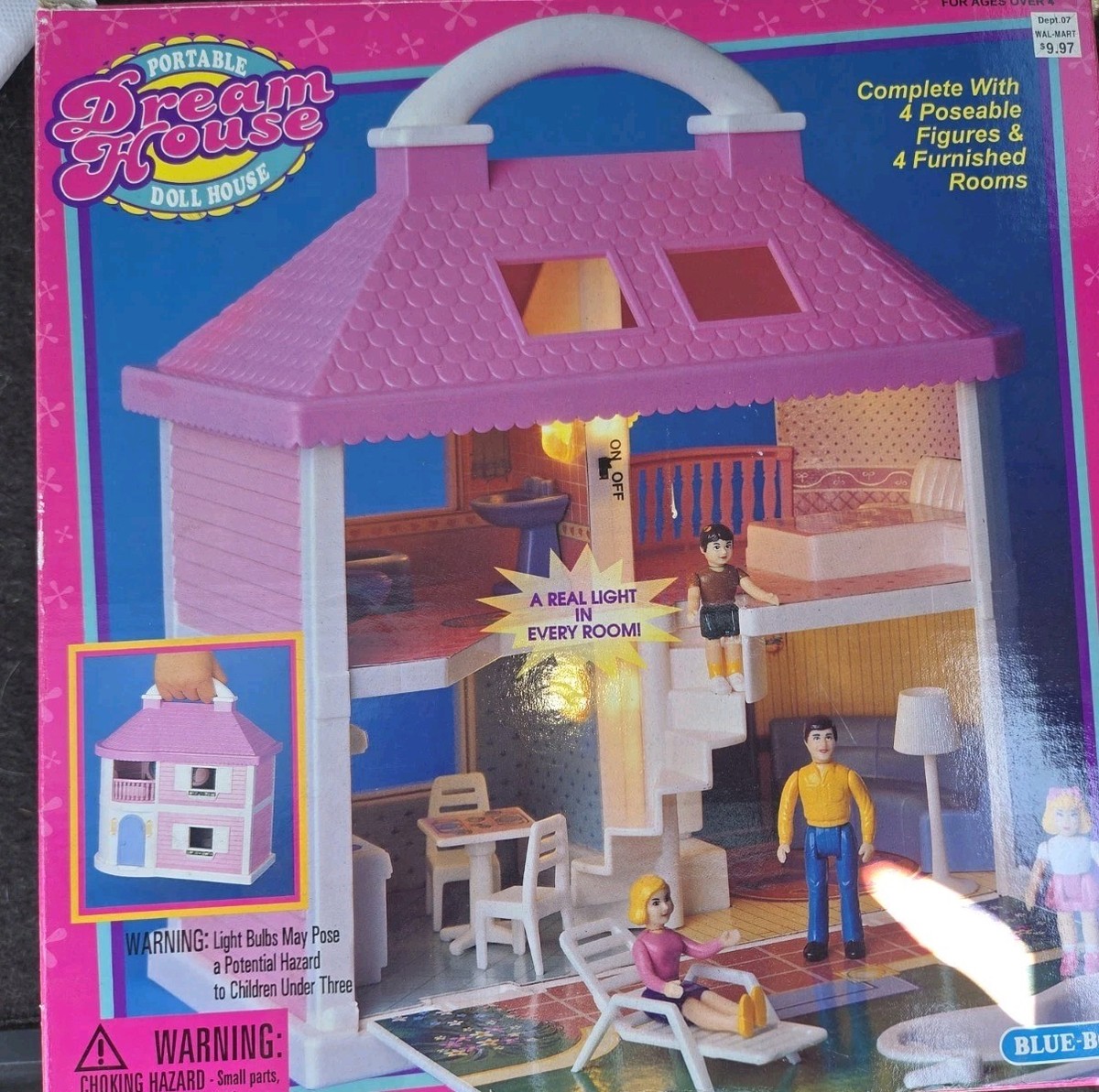 RARE! Vintage Blue-Box Portable Dream House Dollhouse Furniture Figures  Lights