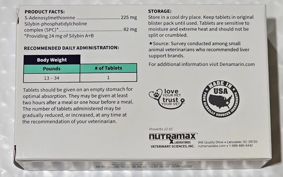 Nutramax Denamarin Liver Health Med Dogs  S-Adenosylmethionine SAMe 30ct 7/28 - Image 2 of 3