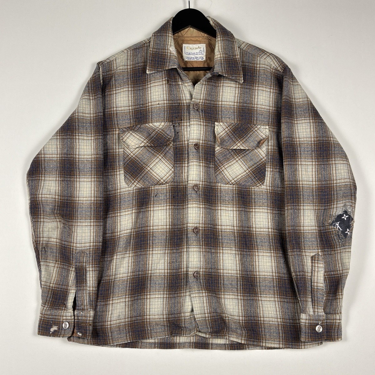 Vintage 60s Shadow Plaid Wool Flannel Shirt Mens Size Medium Loop