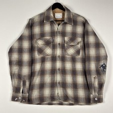 Vintage 60s Shadow Plaid Wool Flannel Shirt Mens Size Medium Loop Collar Orange