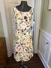 Lands' End Ivory Floral Scoop Neck Sleeveless Dress Pleats Pockets Size 8