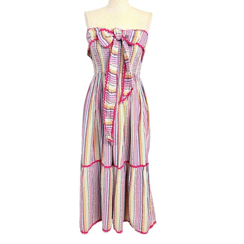 Damson Madder Multi Stripe Smocked Strapless Midi Dress Pink Ric Rac Bow Size 8