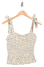 Elodie Tie Shoulder Smocked Waist Crop Tank-Floral Blue Combo-Women's Size M