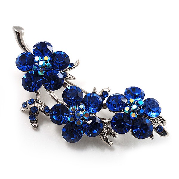 Top Grade Austrian Crystal Floral Brooch (Silver Tone & Sapphire Coloured) -