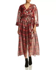 NWT Alice + Olivia Chap Metallic Plaid Faux-Wrap Maxi Dress Size 2 Red #1G508