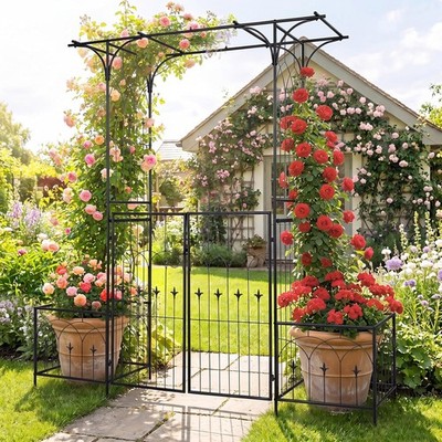 Giantex Garden Arbor with Gate 79x81 Metal for Climbing Plants