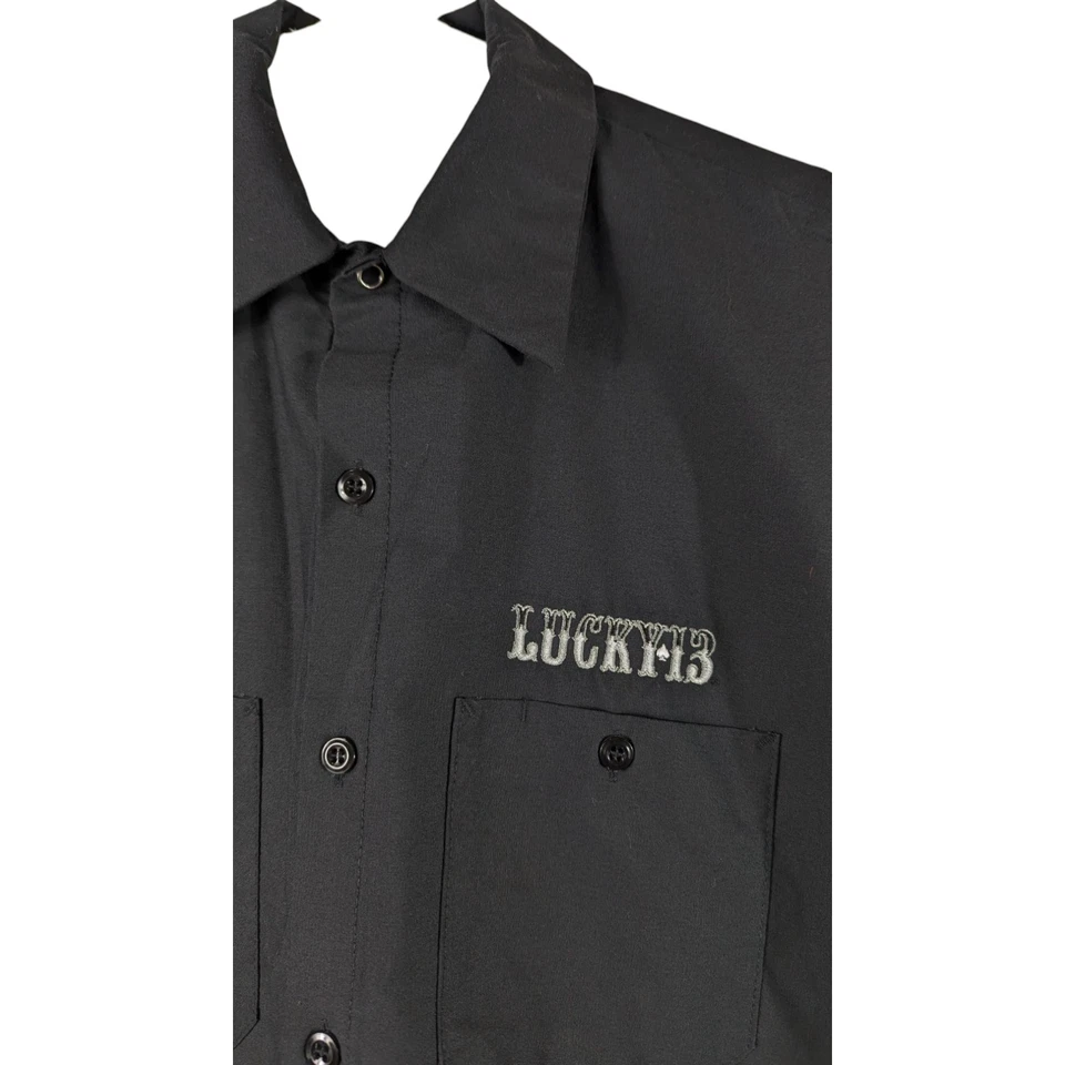 Lucky 13 Shirt Mens Medium Pinup Girl Cards Poker Black Graphic Bikini Biker - Image 4 of 4