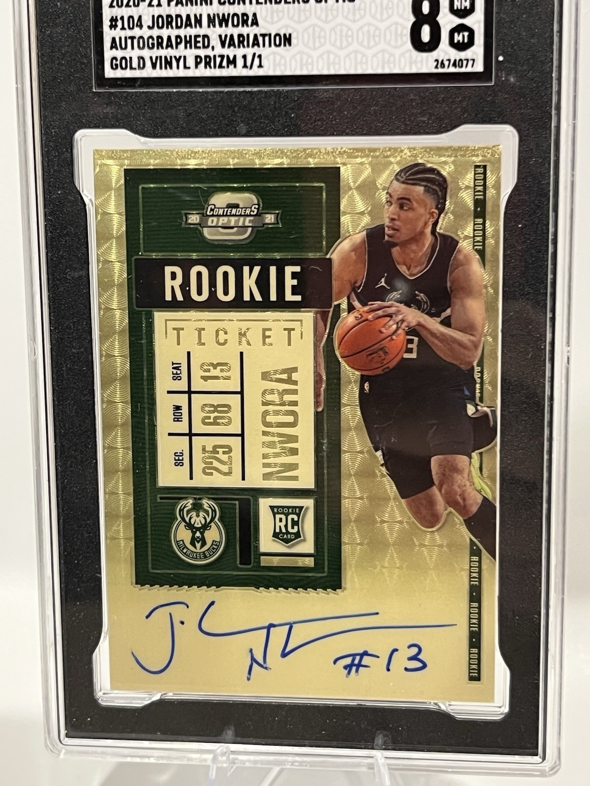 2020-21 Panini Contenders Optic #104 Jordan Nwora Gold Vinyl 1/1 AUTO RC SGC 8 view 2