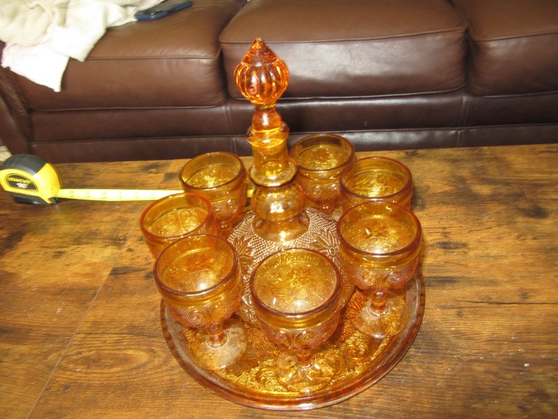 Vintage Retro  Amber Glass Decanter Set with 7 Goblets and Platter