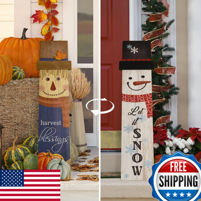 flangairy 2-Sided Fall Winter Porch Sign, Wooden Outdoor Scarecrow Pumpkin Decor