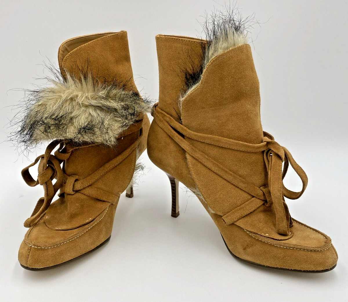 JLO-JENNIFER LOPEZ High Heeled Suede Tan Ankle Boots Faux Fur Lined Size 38  W10