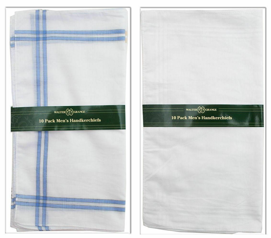 10 Pack Mens Hankies Handkerchiefs White Plain Or Borders Cotton