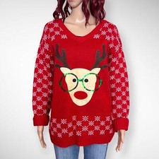 Tiara International Novelty Holiday Sweater Womens Large Red Sequin Reindeer