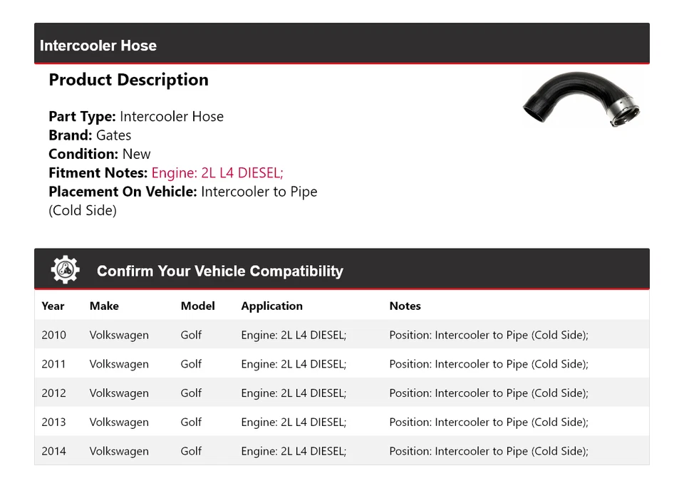Puertas de manguera intercooler para Volkswagen Golf 2010-2014 2011 2012 2013 Foto 2 de 4