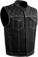 Men's Denim Leather Club Motorbike Vest Color Thread Diamond Stitching Vest